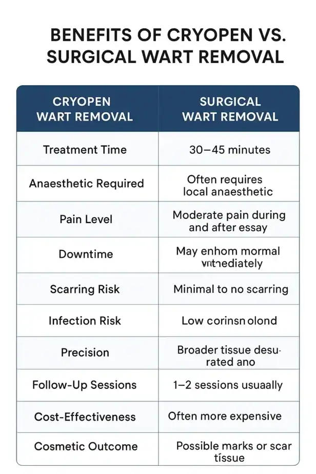Table showing the benefits of cryopen to remove warts Melksham compared to surgical treatment